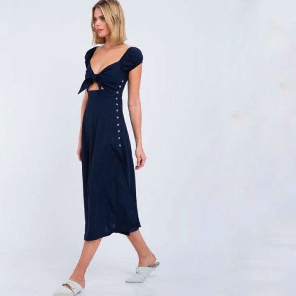 Navy Off-the-Shoulder Boho Linen Blend Midi Dress NWT